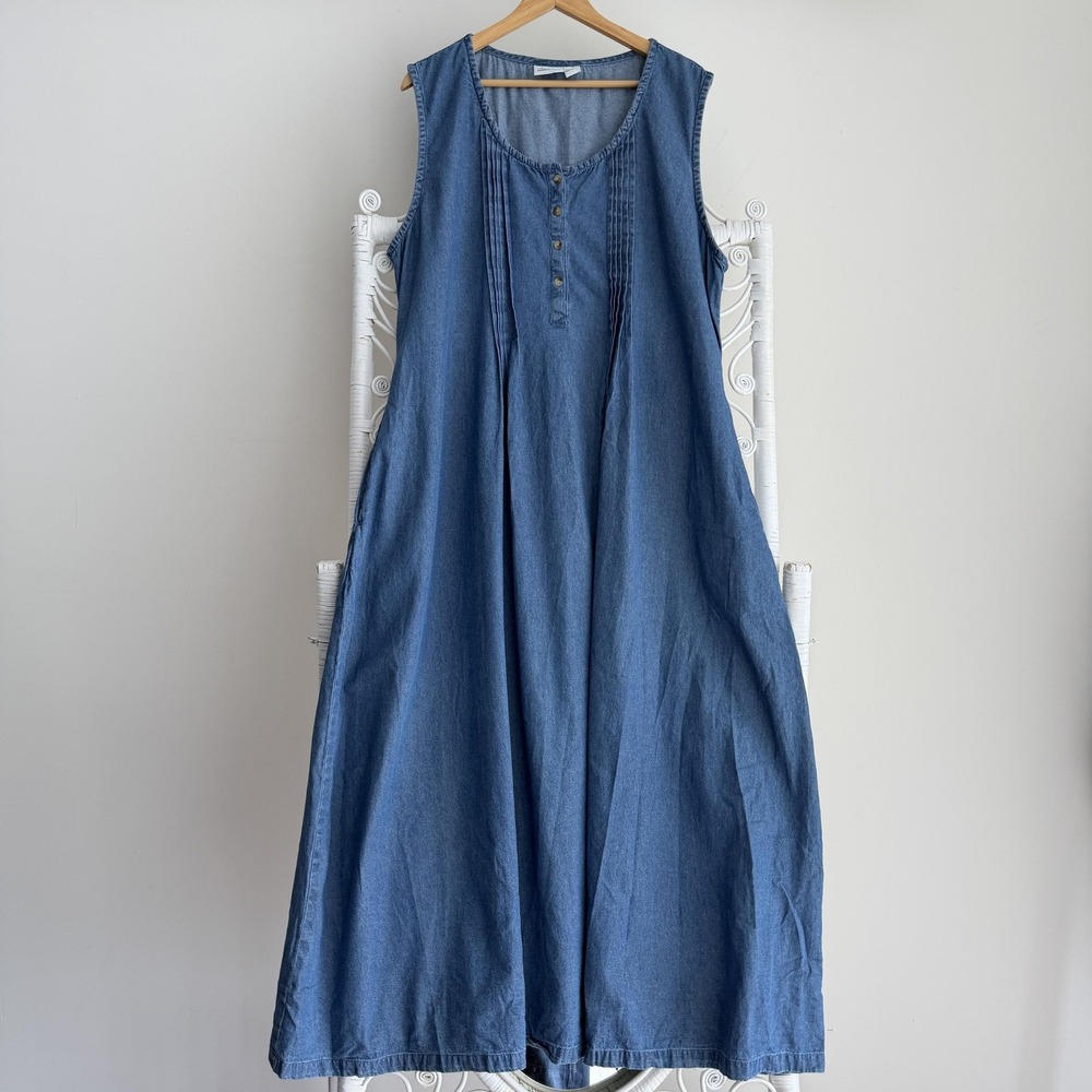 The Vermont Country Store Dress 2X Blue Denim Pintuck Jumper Pockets Cottagecore